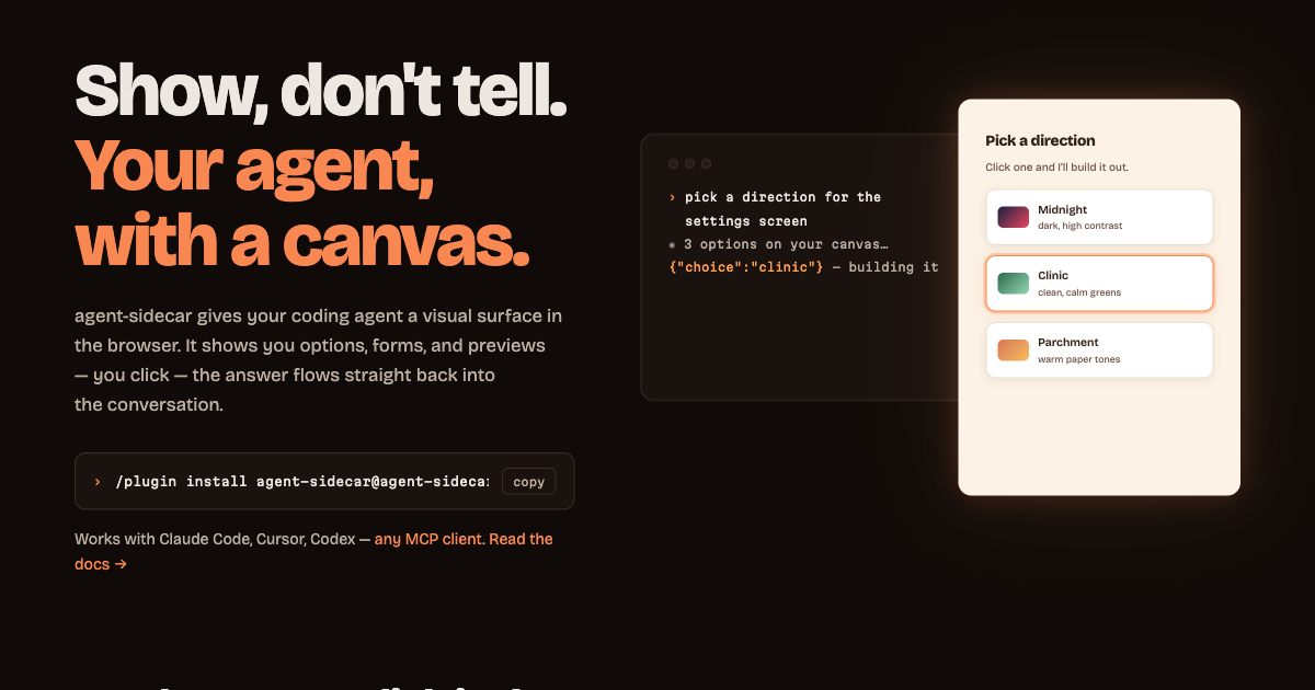 The loop: a terminal asks for design options, a glowing canvas shows three choices, the click flows back as JSON
